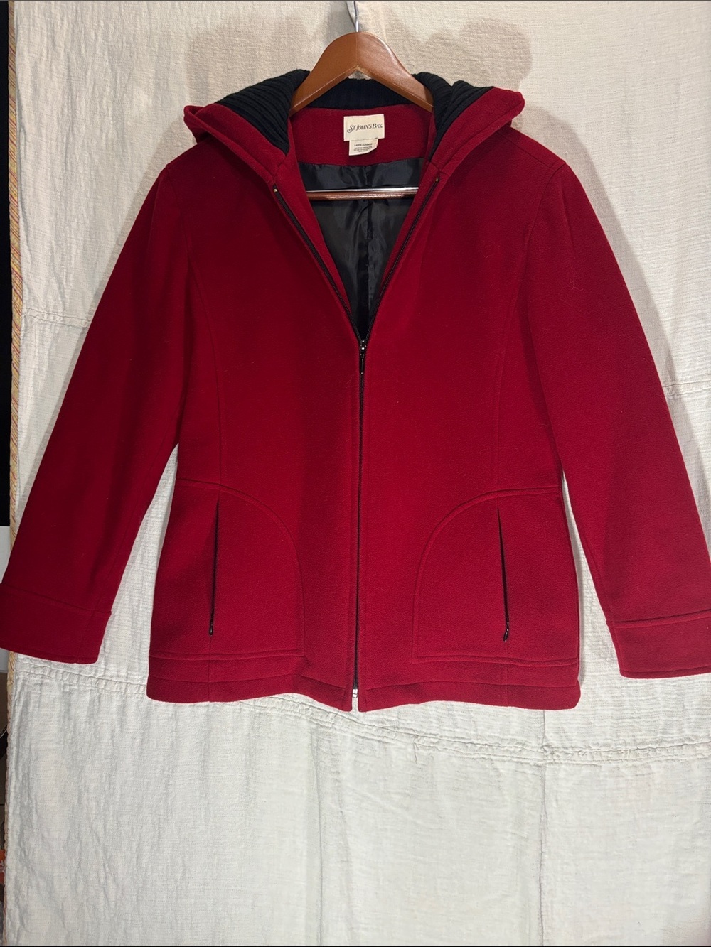 Vintage St. John's Bay Red Hooded Wool-Blend Pea Coat Large